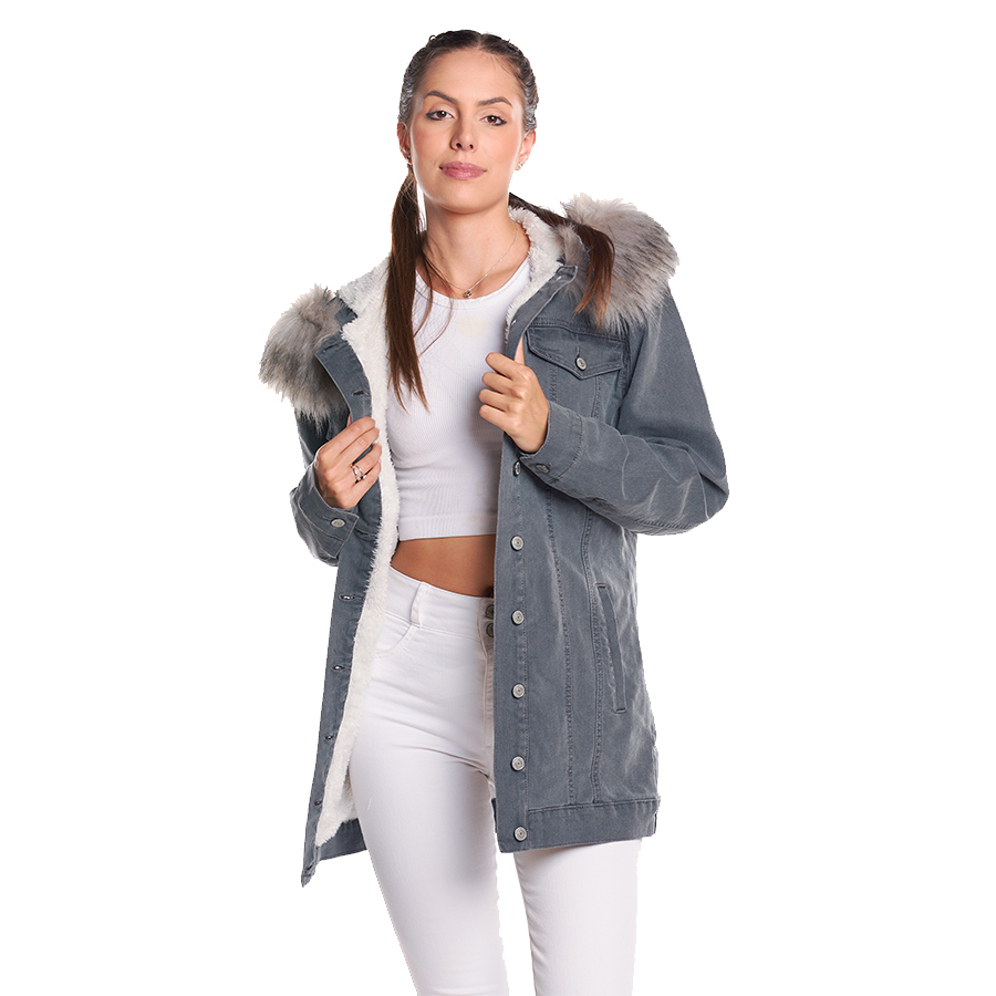 Cazadora de mezclilla abrigo gabardina con gorro peluche desmontable