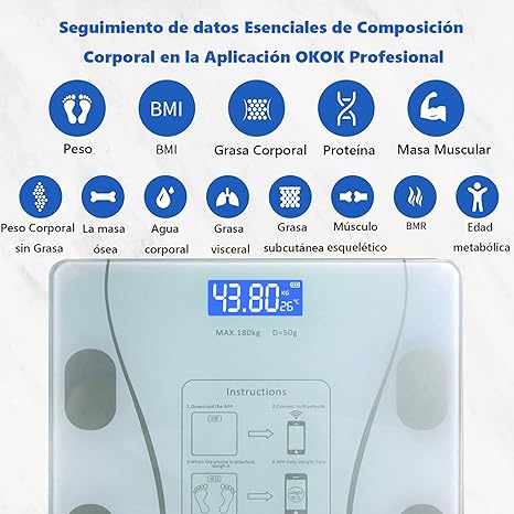 Escala de Grasa Corporal, Báscula Digital Inteligente, 59 datos Relacionados Analizador de Composición,400 libras, Compatible con las Aplicaciones de IOS y Android, Gerente de Peso Perfecto Blanco.