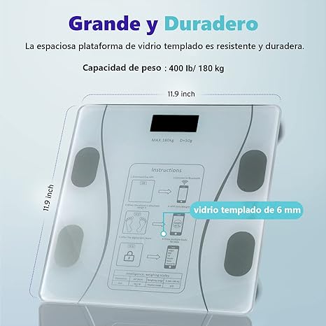 Escala de Grasa Corporal, Báscula Digital Inteligente, 59 datos Relacionados Analizador de Composición,400 libras, Compatible con las Aplicaciones de IOS y Android, Gerente de Peso Perfecto Blanco.