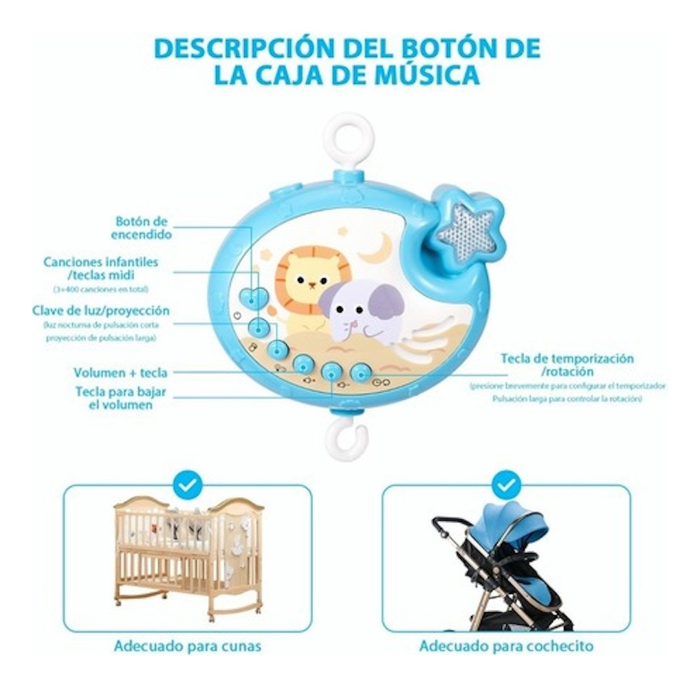 Brazo Móvil Musical Para Cuna Sonajero Giratoria Proyector AZUL.