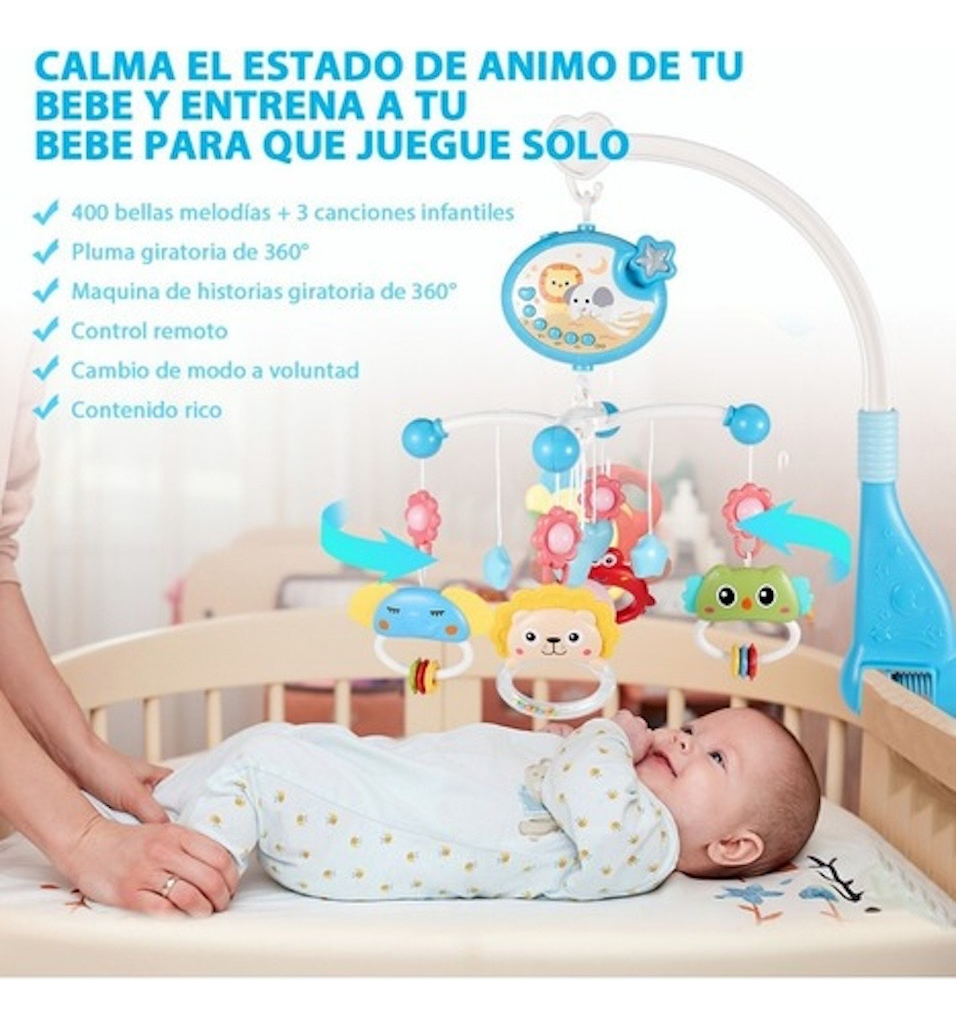 Brazo Móvil Musical Para Cuna Sonajero Giratoria Proyector AZUL.