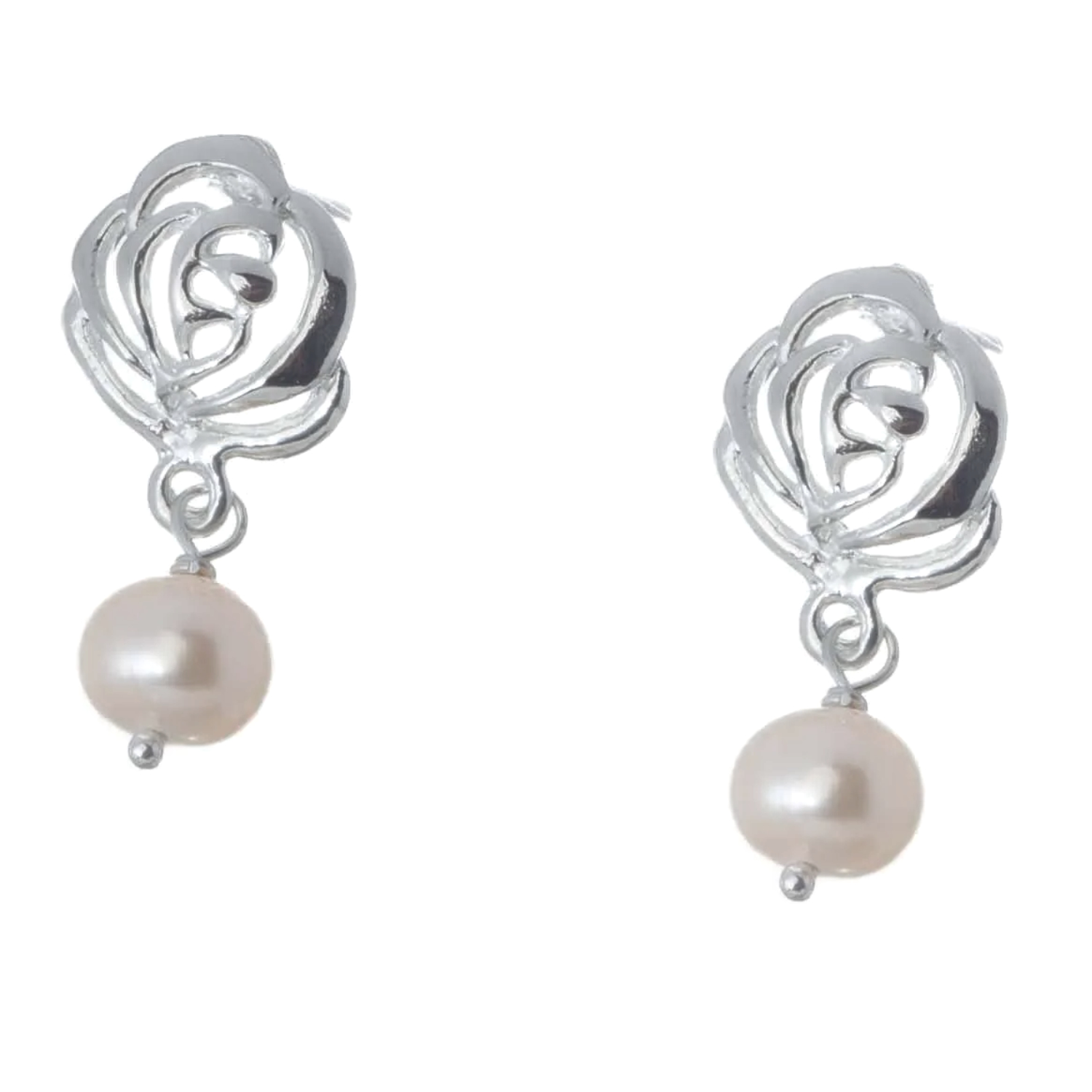 Aretes contorno rosas de fina plata 925 y bellas perlas cultivadas de calidad AAAA.