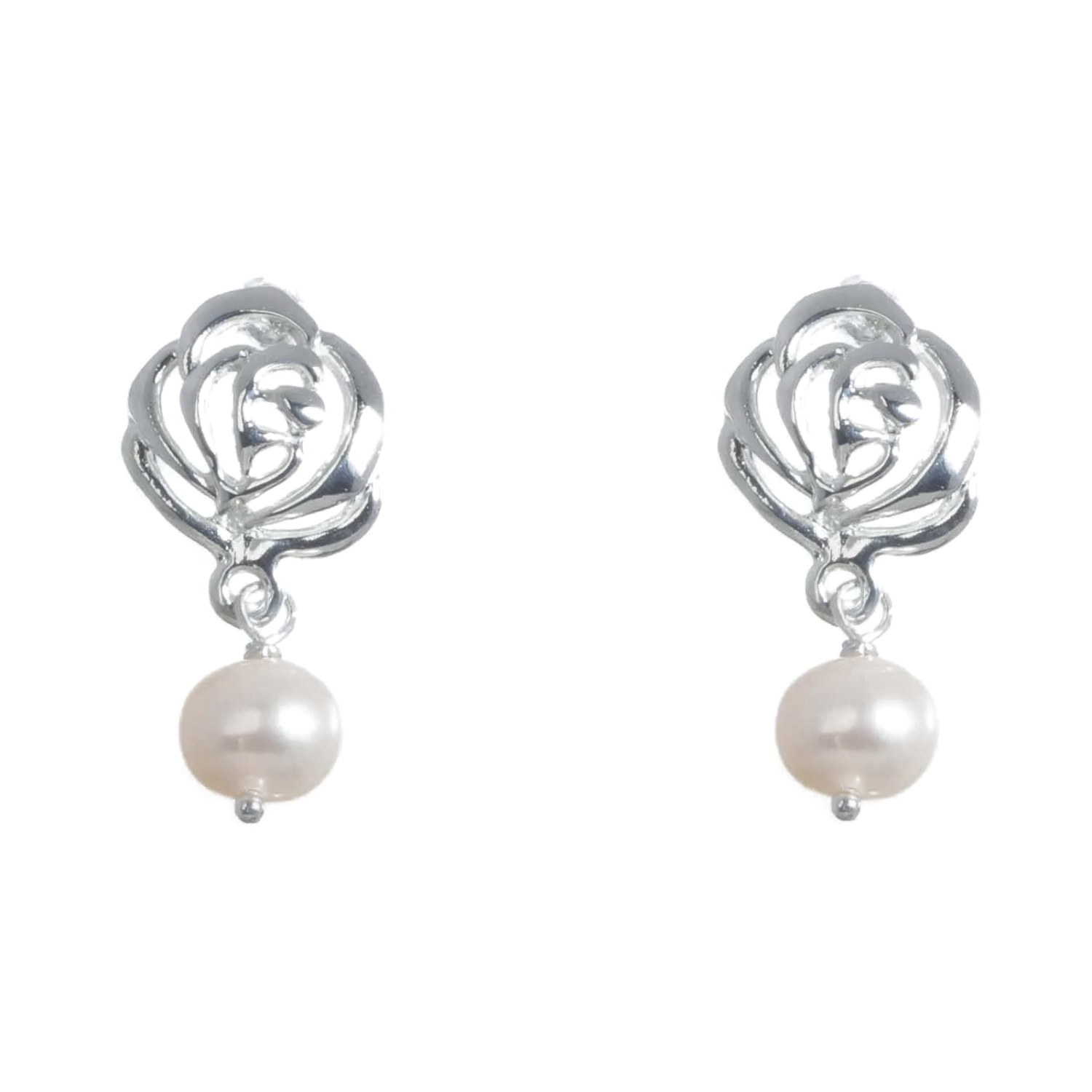 Aretes contorno rosas de fina plata 925 y bellas perlas cultivadas de calidad AAAA.
