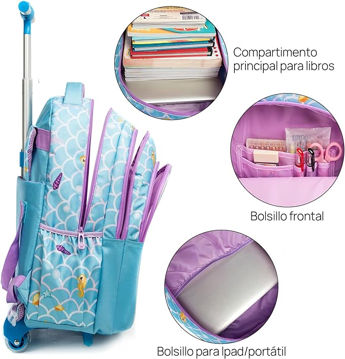 A Mochilas con ruedas para niñas, 3 Piezas mochila carro niña, Mochila Sirena para Niñas, Mochila con Ruedas, Mochila con Bolsa para el Almuerzo y Bolsa para lápices, para niñas de 6 a 12 niñas(Azul).