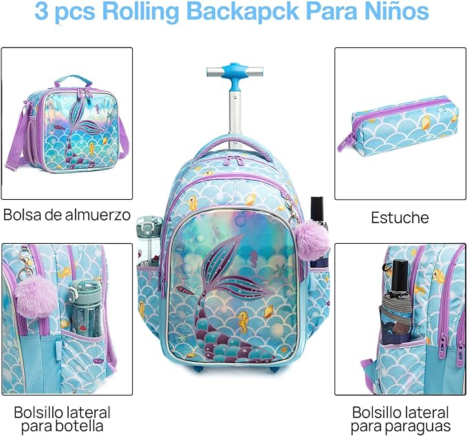 A Mochilas con ruedas para niñas, 3 Piezas mochila carro niña, Mochila Sirena para Niñas, Mochila con Ruedas, Mochila con Bolsa para el Almuerzo y Bolsa para lápices, para niñas de 6 a 12 niñas(Azul).