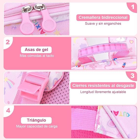 A Mochila para Niña de 4 a 6 Años, Mochilas Escolares Mochila Infantil 4-6 Años para Escolar Ajustar con Bolsillos Laterales y Correa en Pecho.