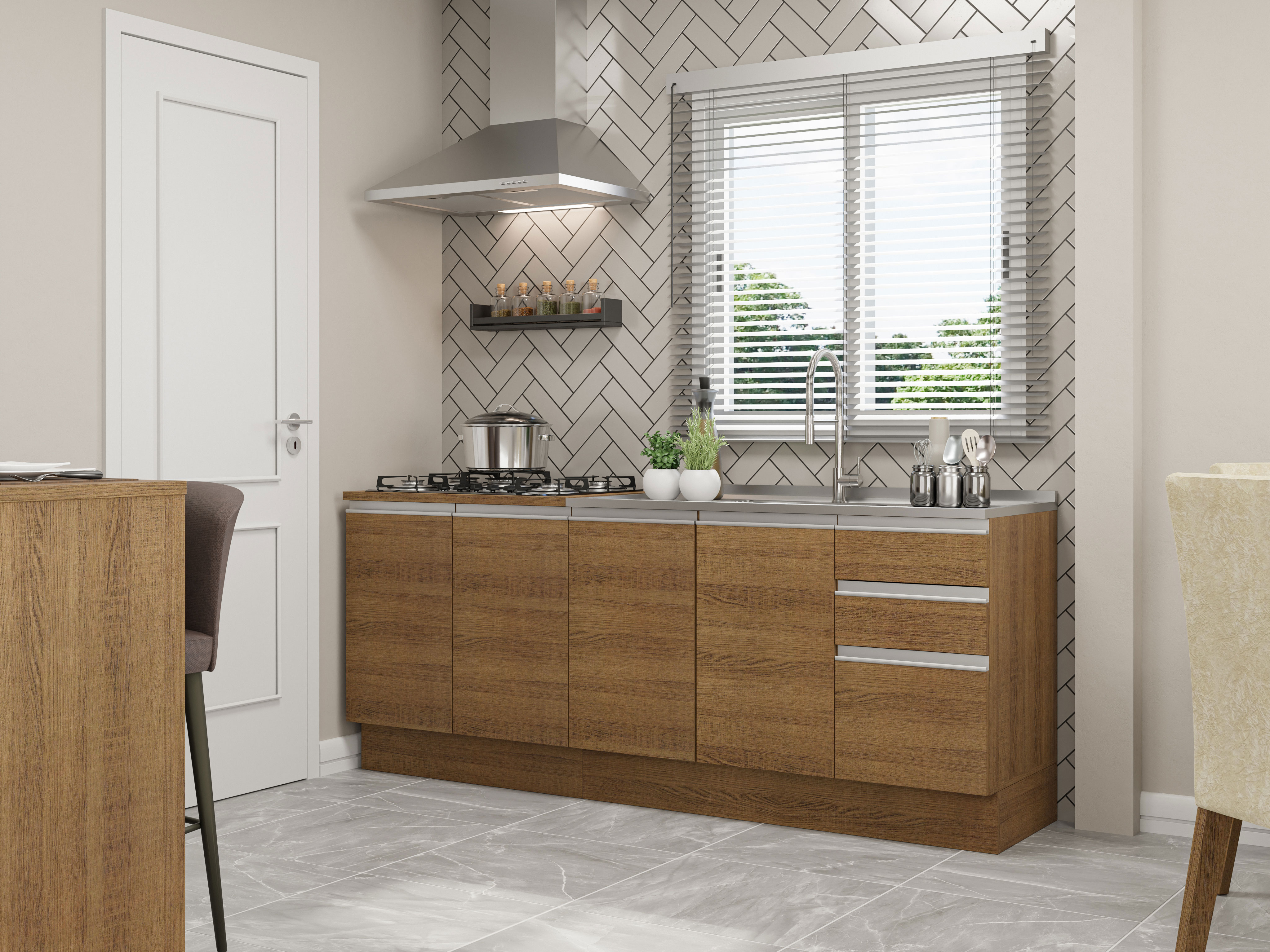 Mueble de Cocina 200cm Con Tarja Glamy Marron.