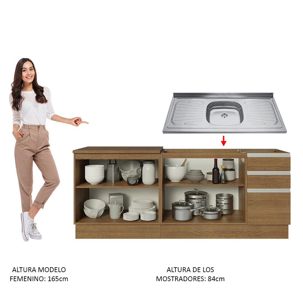 Mueble de Cocina 200cm Con Tarja Glamy Marron.