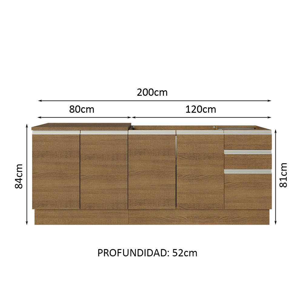 Mueble de Cocina 200cm Con Tarja Glamy Marron.