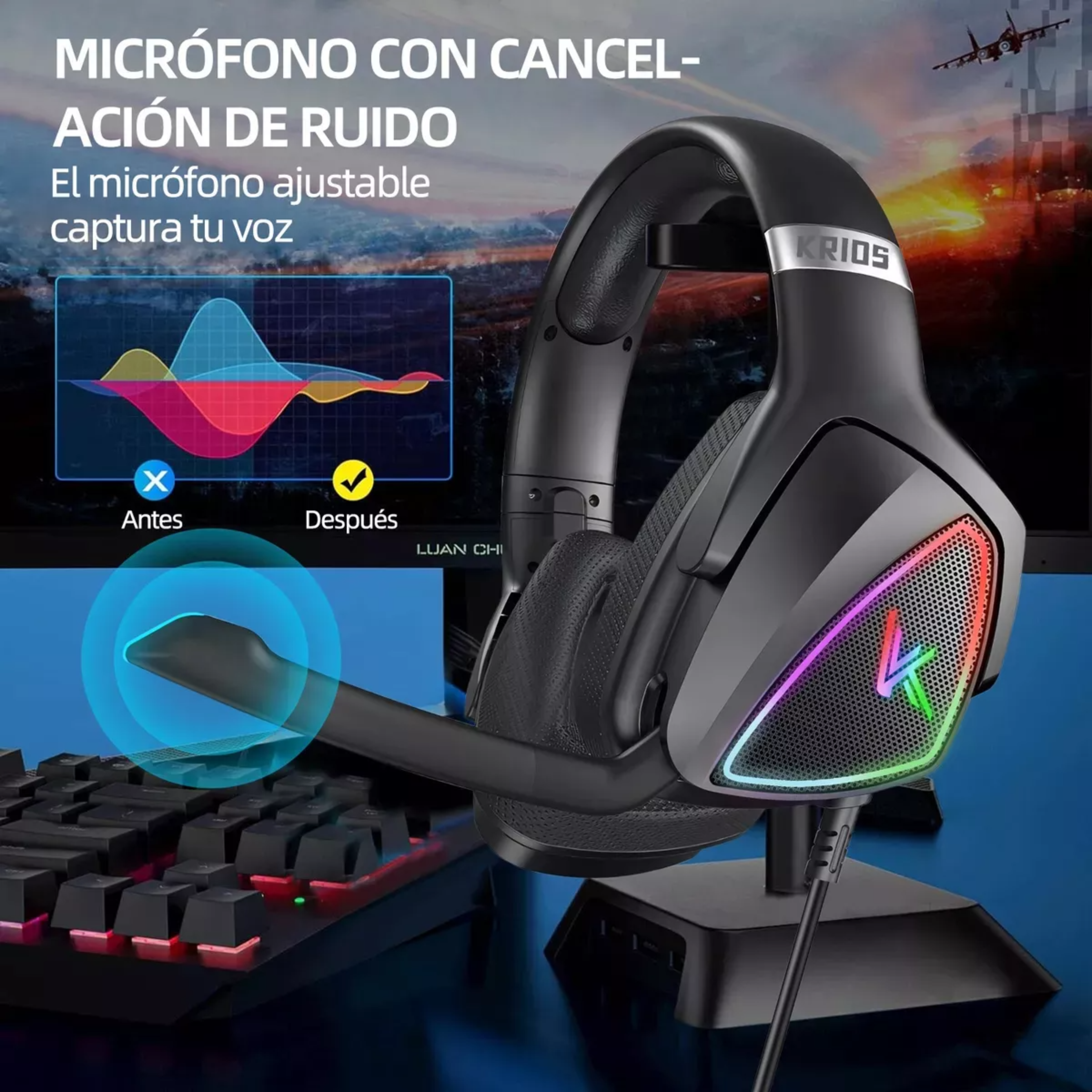 Audífonos Gamer KRIOS K7 Diadema Gaming Headset Gamer Con Microfono Led Rgb Para Xbox Pc Ps4 Color Negro.