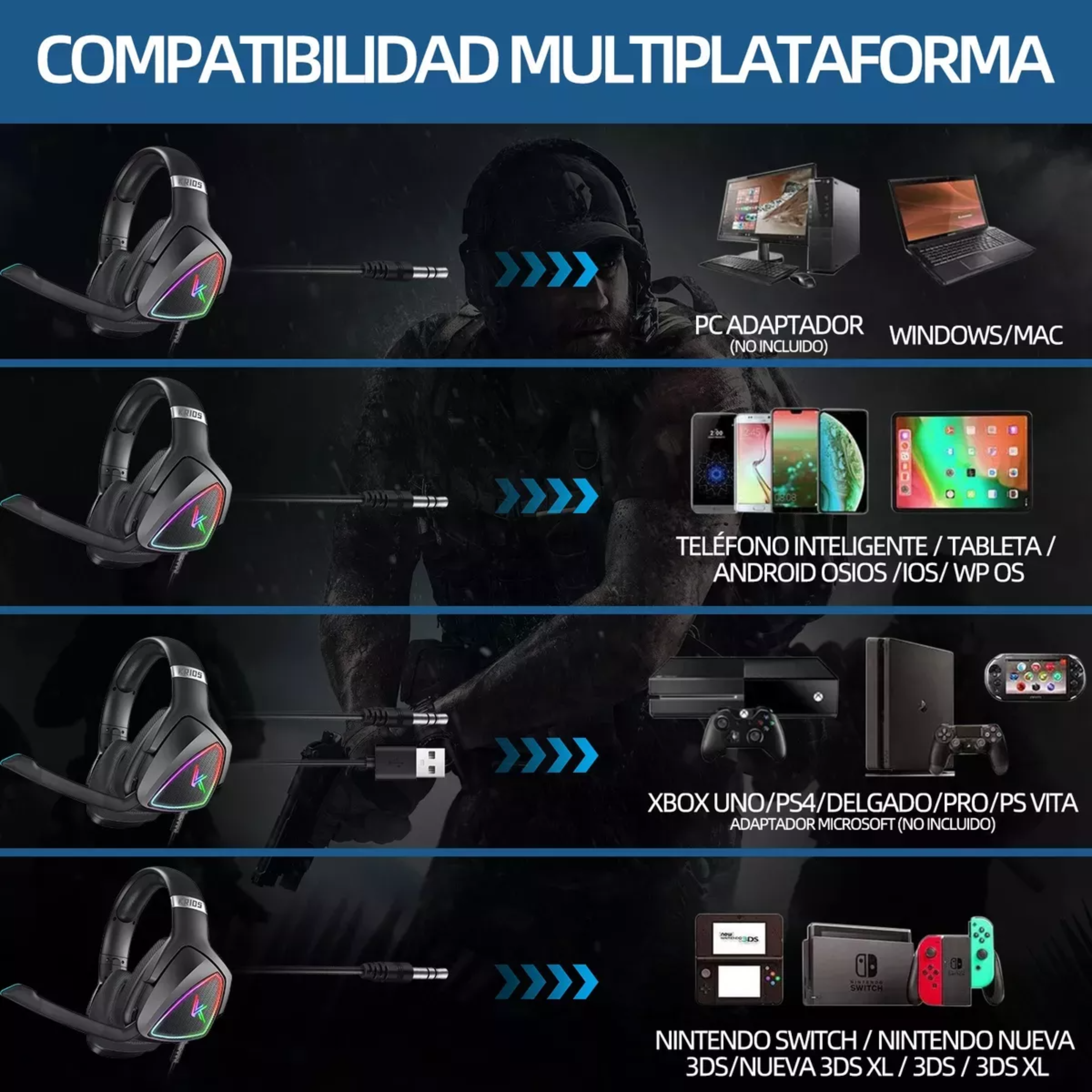 Audífonos Gamer KRIOS K7 Diadema Gaming Headset Gamer Con Microfono Led Rgb Para Xbox Pc Ps4 Color Negro.