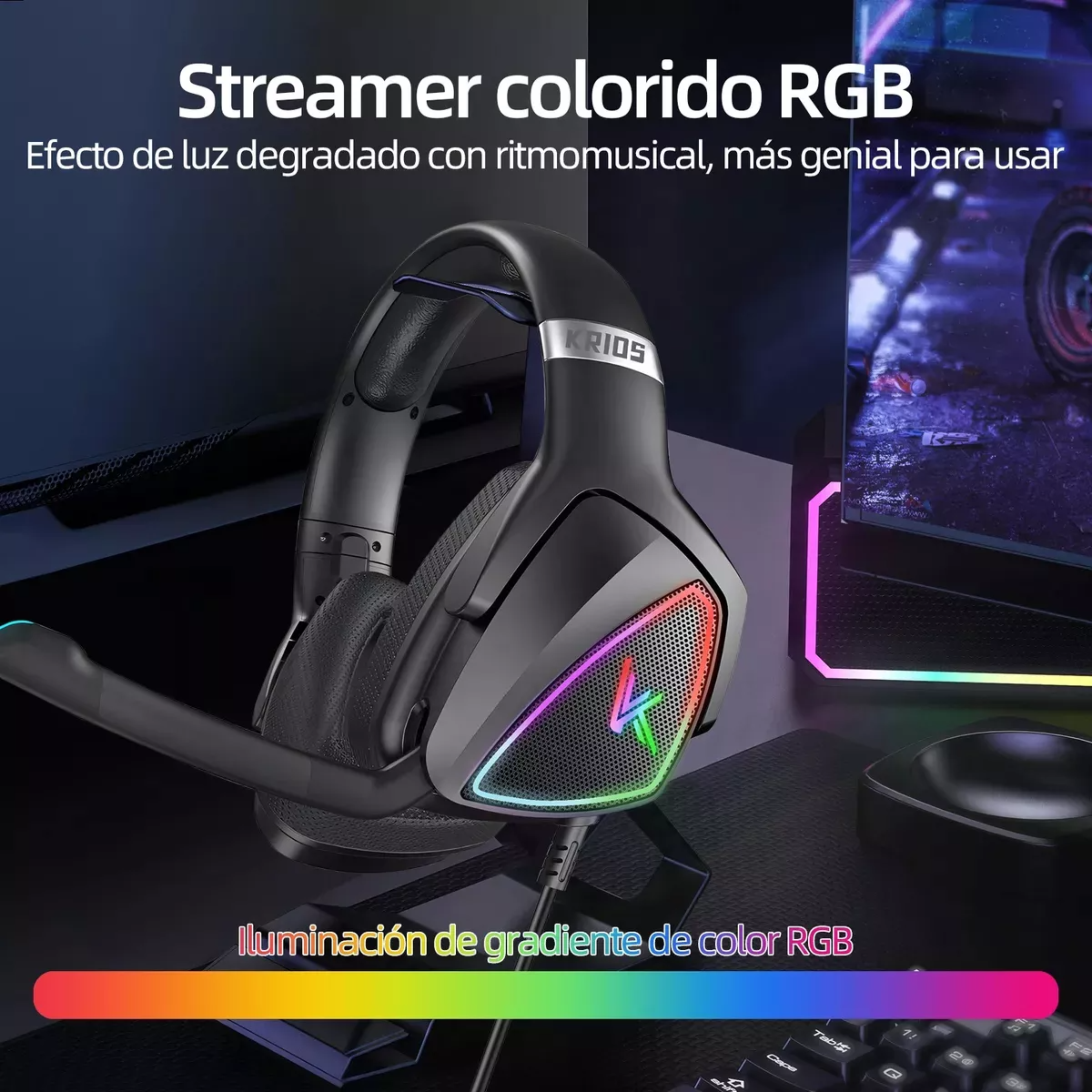 Audífonos Gamer KRIOS K7 Diadema Gaming Headset Gamer Con Microfono Led Rgb Para Xbox Pc Ps4 Color Negro.