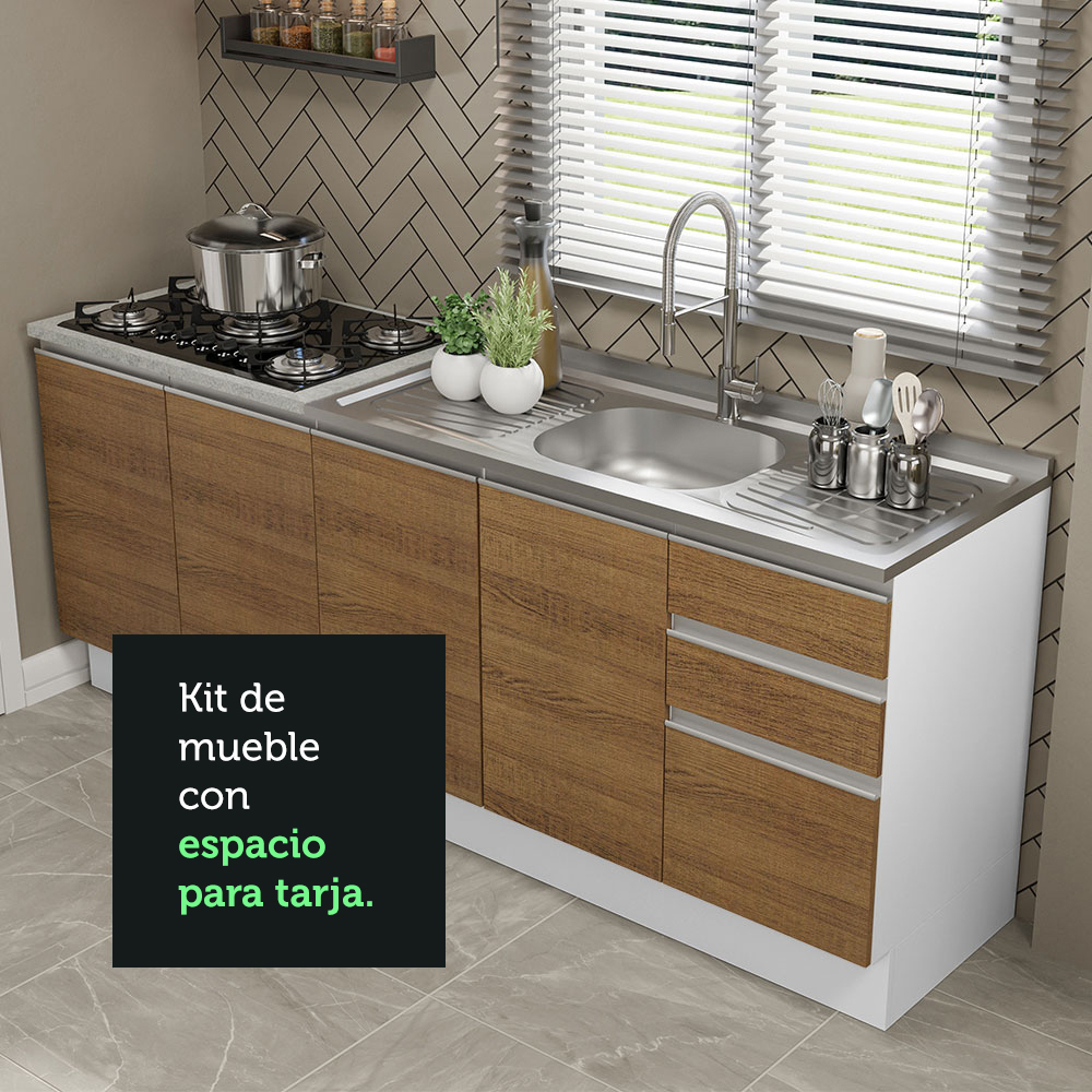 Mueble de Cocina 200cm Con Tarja Glamy Blanco/Marron.