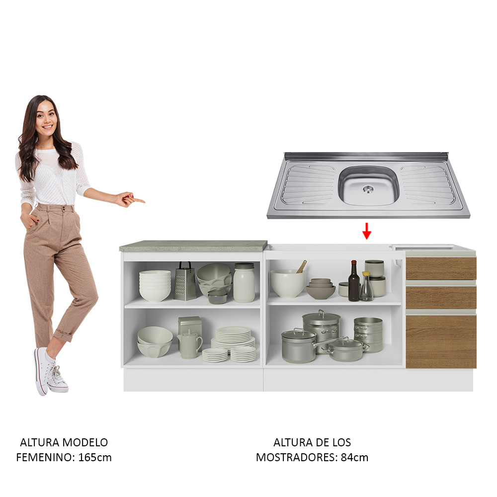 Mueble de Cocina 200cm Con Tarja Glamy Blanco/Marron.