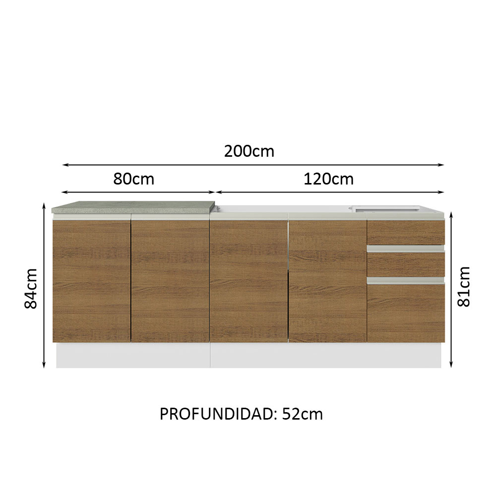 Mueble de Cocina 200cm Con Tarja Glamy Blanco/Marron.