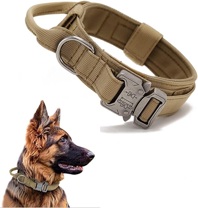 Jesir Collar De Perro Táctico，Collar De Perro De Nailon Militar Grueso con Asa Collares De Perro Hebilla De Metal Resistente Ajustable para Entrenamiento De Perros,L(Caqui).