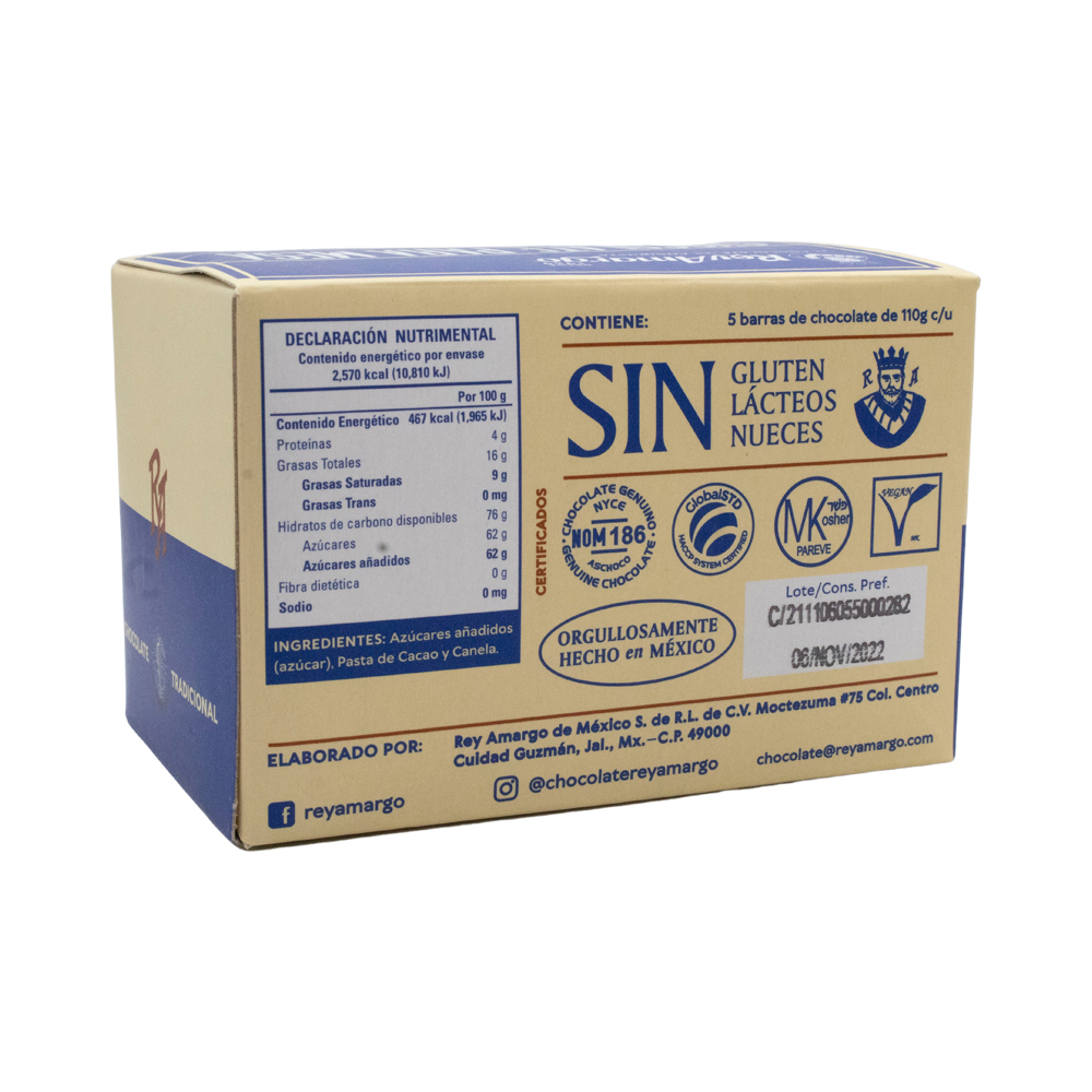 Chocolate Para Mesa Rey Amargo Tradicional 550g Caja 5 Tab