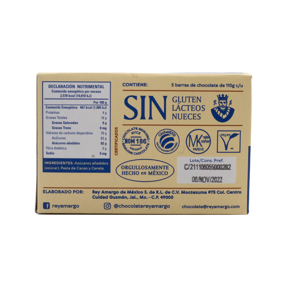 Chocolate Para Mesa Rey Amargo Tradicional 550g Caja 5 Tab