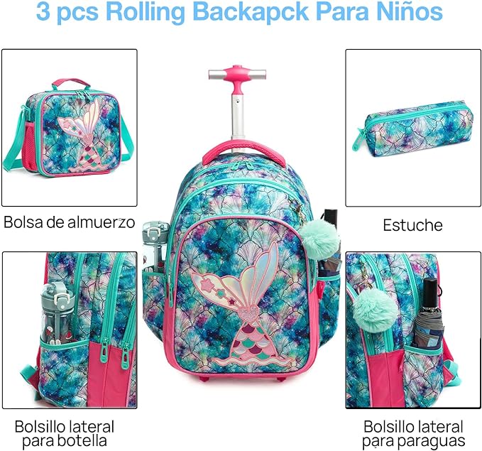 A Mochilas con ruedas para niñas, 3 Piezas mochila carro niña, Mochila niña con escamas de sirena, Mochila con Bolsa para el Almuerzo y Bolsa para lápices, para niñas de 6 a 12 niñas(Azul marino).