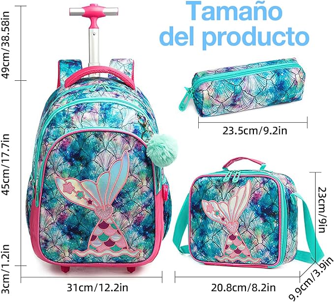A Mochilas con ruedas para niñas, 3 Piezas mochila carro niña, Mochila niña con escamas de sirena, Mochila con Bolsa para el Almuerzo y Bolsa para lápices, para niñas de 6 a 12 niñas(Azul marino).