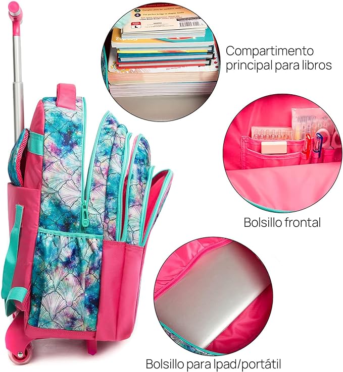 A Mochilas con ruedas para niñas, 3 Piezas mochila carro niña, Mochila niña con escamas de sirena, Mochila con Bolsa para el Almuerzo y Bolsa para lápices, para niñas de 6 a 12 niñas(Azul marino).