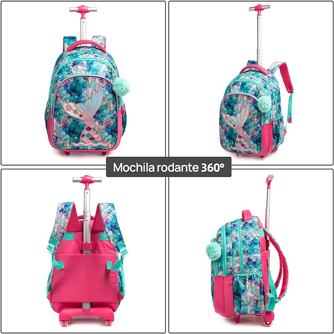 A Mochilas con ruedas para niñas, 3 Piezas mochila carro niña, Mochila niña con escamas de sirena, Mochila con Bolsa para el Almuerzo y Bolsa para lápices, para niñas de 6 a 12 niñas(Azul marino).