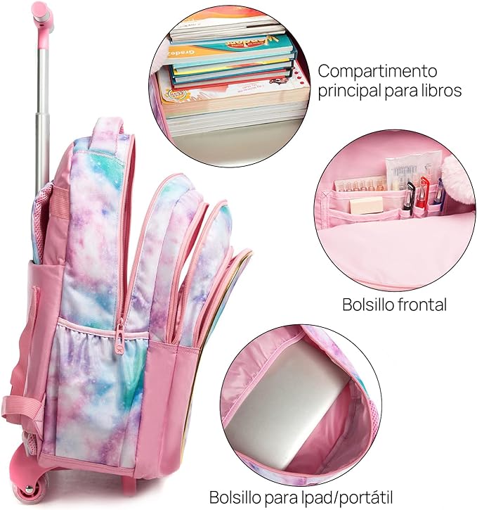 A Mochilas con ruedas para niñas, 3 Piezas mochila carro niña, Mochila Unicornio Para Niñas, Mochila con Ruedas, Mochila con Bolsa para el Almuerzo y Bolsa para lápices, para niñas de 6 a 12 niñas(Rosa).