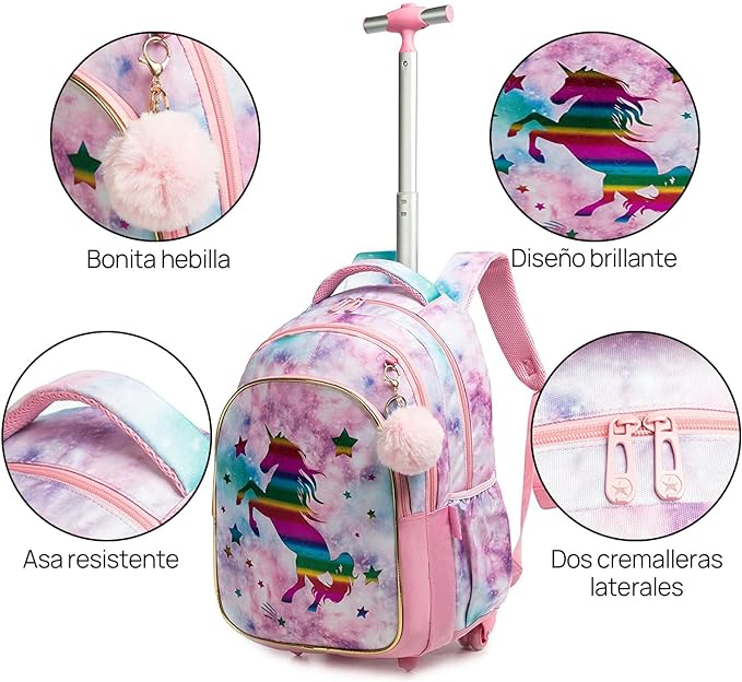 A Mochilas con ruedas para niñas, 3 Piezas mochila carro niña, Mochila Unicornio Para Niñas, Mochila con Ruedas, Mochila con Bolsa para el Almuerzo y Bolsa para lápices, para niñas de 6 a 12 niñas(Rosa).