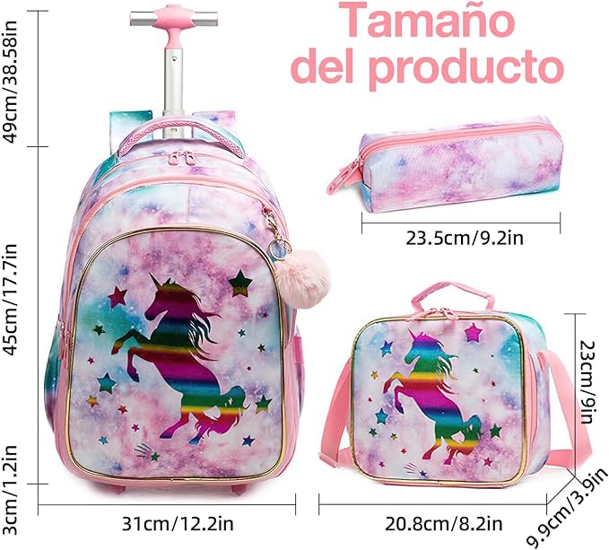 A Mochilas con ruedas para niñas, 3 Piezas mochila carro niña, Mochila Unicornio Para Niñas, Mochila con Ruedas, Mochila con Bolsa para el Almuerzo y Bolsa para lápices, para niñas de 6 a 12 niñas(Rosa).