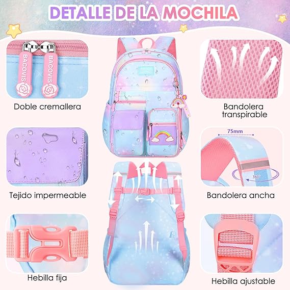 A Nasjac Mochilas Escolares para Niñas de Primaria, 7 Piezas Gran Capacidad Mochila Infantil Adolescentes con Fiambrera y Estuche, Impermeable Bolsa Escolar para Niños.