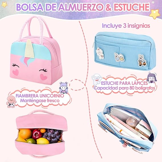 A Nasjac Mochilas Escolares para Niñas de Primaria, 7 Piezas Gran Capacidad Mochila Infantil Adolescentes con Fiambrera y Estuche, Impermeable Bolsa Escolar para Niños.