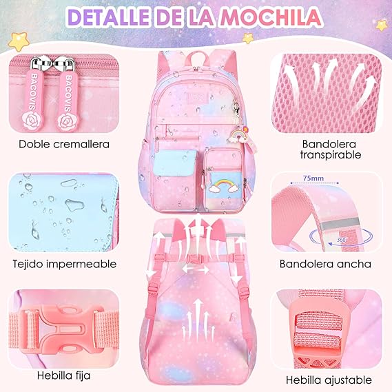 A Nasjac Mochilas Escolares para Niñas de Primaria, 7 Piezas Gran Capacidad Mochila Infantil Adolescentes con Fiambrera y Estuche, Impermeable Bolsa Escolar para Niños.