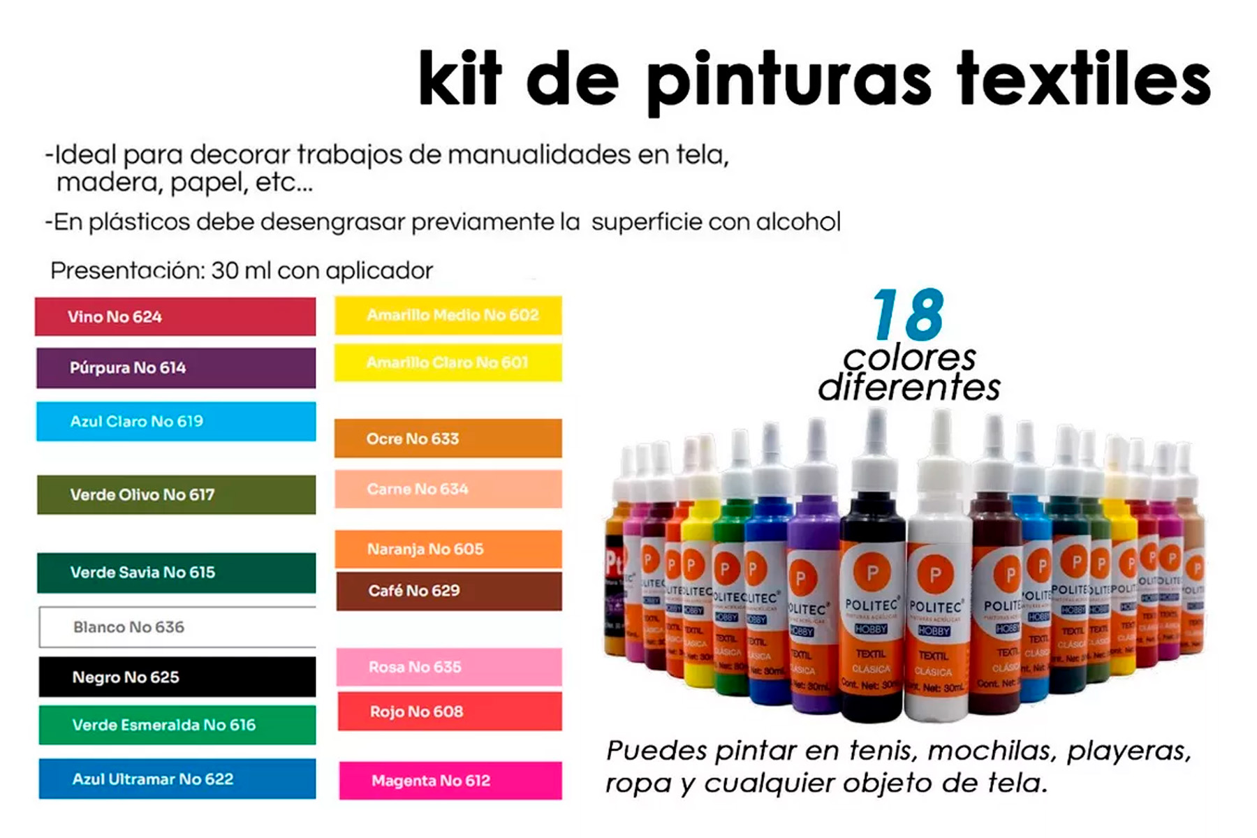 Kit Pintura Textil Tenis Mochilas Policraft 30 Ml.