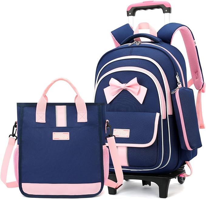 A MITOWERMI - Mochila rodante para niñas de escuela primaria, mochila con lazo con ruedas, bolsas de libros con bolso, Estilo C-3pcs Dark Blue-2 Ruedas, Juegos de carretilla de 2 ruedas + mochila.