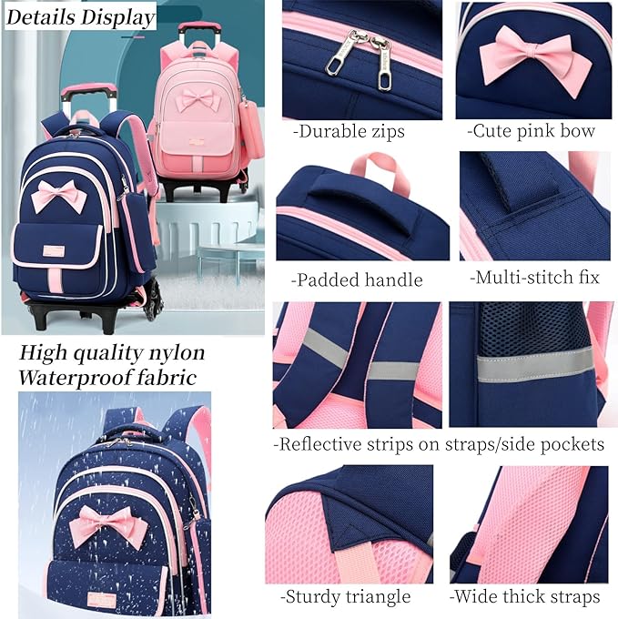A MITOWERMI - Mochila rodante para niñas de escuela primaria, mochila con lazo con ruedas, bolsas de libros con bolso, Estilo C-3pcs Dark Blue-2 Ruedas, Juegos de carretilla de 2 ruedas + mochila.