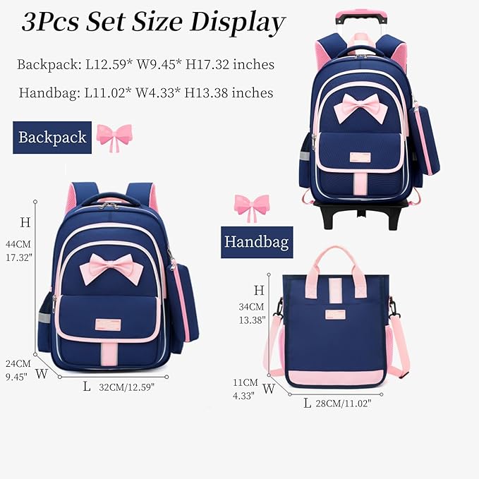 A MITOWERMI - Mochila rodante para niñas de escuela primaria, mochila con lazo con ruedas, bolsas de libros con bolso, Estilo C-3pcs Dark Blue-2 Ruedas, Juegos de carretilla de 2 ruedas + mochila.