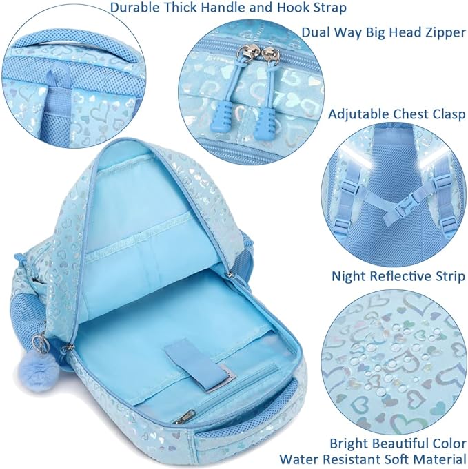 A Juego de mochilas para niñas Mochila escolar para niños Preescolar Jardín de infancia Escuela primaria Mochila con bolsa de almuerzo 3 en 1 Juego Mochila de peluche resistente al agua.