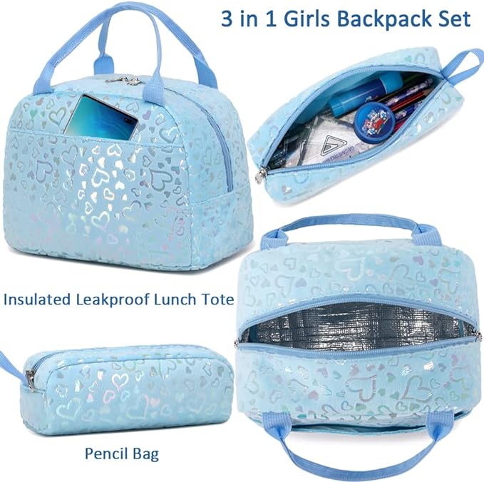 A Juego de mochilas para niñas Mochila escolar para niños Preescolar Jardín de infancia Escuela primaria Mochila con bolsa de almuerzo 3 en 1 Juego Mochila de peluche resistente al agua.