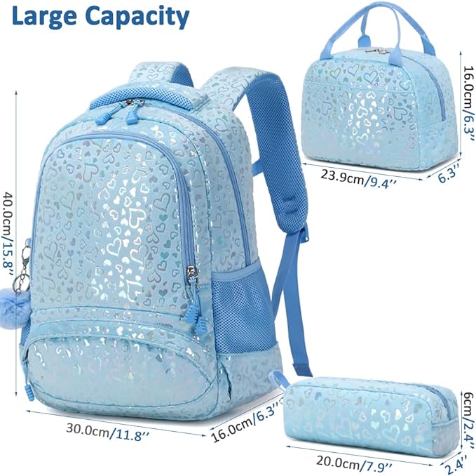 A Juego de mochilas para niñas Mochila escolar para niños Preescolar Jardín de infancia Escuela primaria Mochila con bolsa de almuerzo 3 en 1 Juego Mochila de peluche resistente al agua.