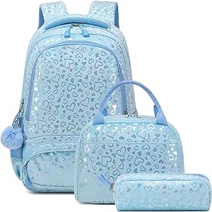 A Juego de mochilas para niñas Mochila escolar para niños Preescolar Jardín de infancia Escuela primaria Mochila con bolsa de almuerzo 3 en 1 Juego Mochila de peluche resistente al agua.