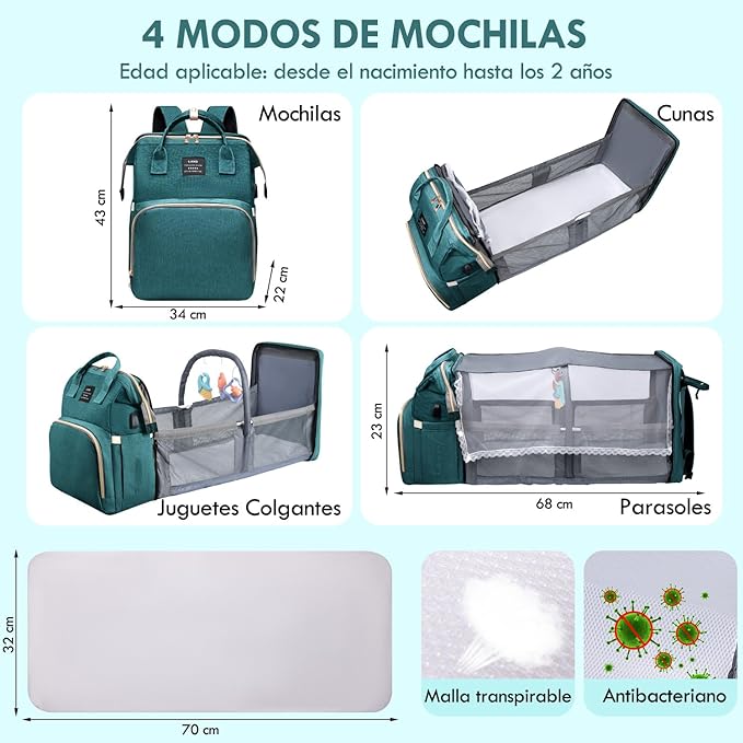 A Nasjac Mochila Pañalera Multifuncional con Mosquitero y Juguete,13 en 1 Bolso de Pañales Gran Capacidad Impermeable.