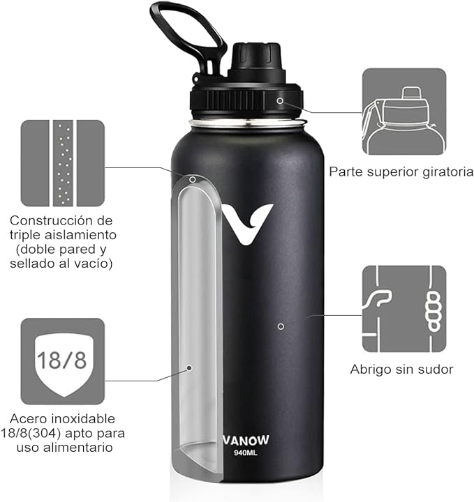 A E T EASYTAO - Termo de Acero Inoxidable, Termo de Agua con 2 Tapas, para Agua Fría (24 horas) o Caliente .