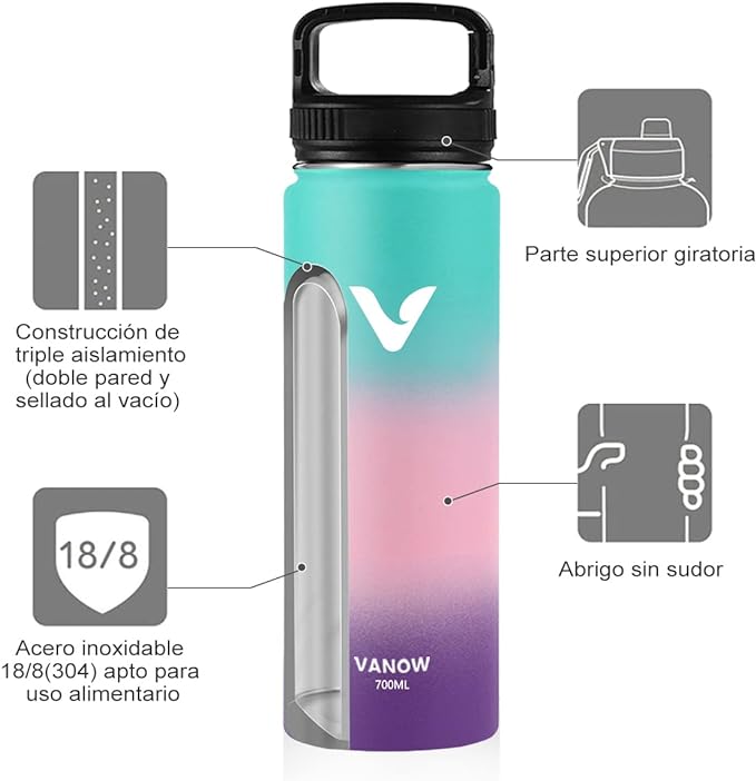 A Termo de Acero Inoxidable, Termo de Agua con 2 Tapas, para Agua Fría (24 horas) o Caliente (12 horas), Doble Pared y Tapa Hermética Antigoteo, con Asa para Transportar (Verde, 700ml/24Oz).