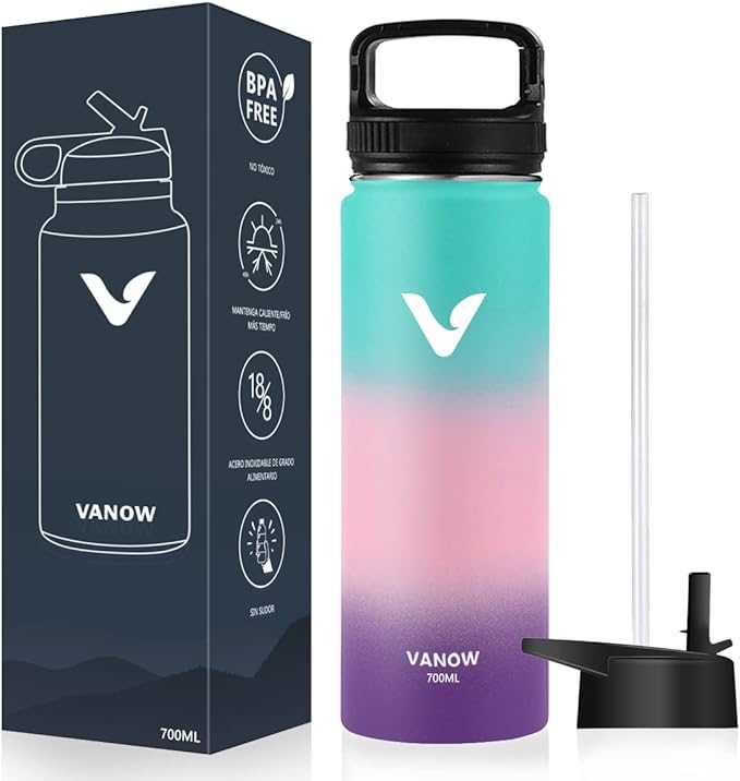 A Termo de Acero Inoxidable, Termo de Agua con 2 Tapas, para Agua Fría (24 horas) o Caliente (12 horas), Doble Pared y Tapa Hermética Antigoteo, con Asa para Transportar (Verde, 700ml/24Oz).