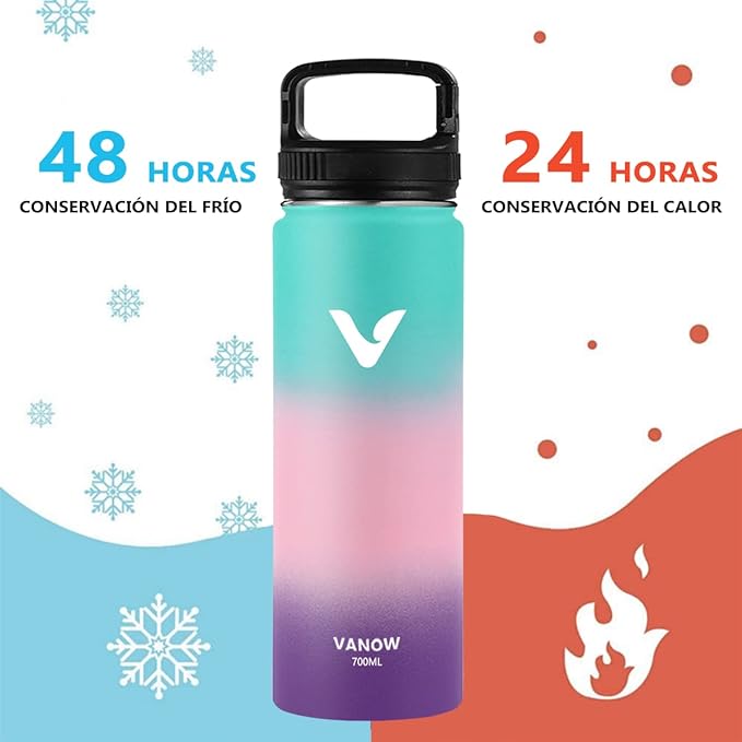 A Termo de Acero Inoxidable, Termo de Agua con 2 Tapas, para Agua Fría (24 horas) o Caliente (12 horas), Doble Pared y Tapa Hermética Antigoteo, con Asa para Transportar (Verde, 700ml/24Oz).