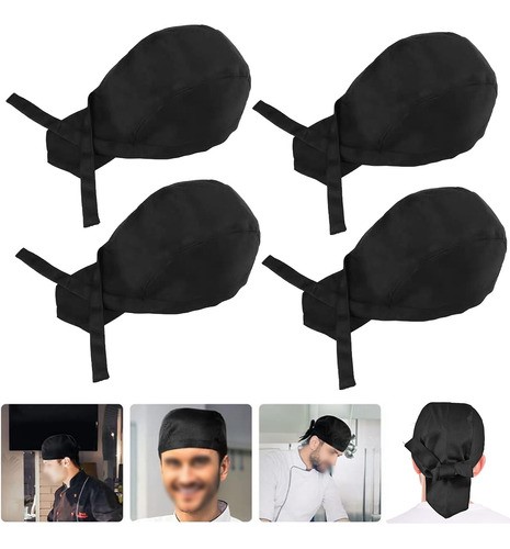 "4x Gorro De Pañuelo De Chef, Negro, Lazos, Talla Única Negro "