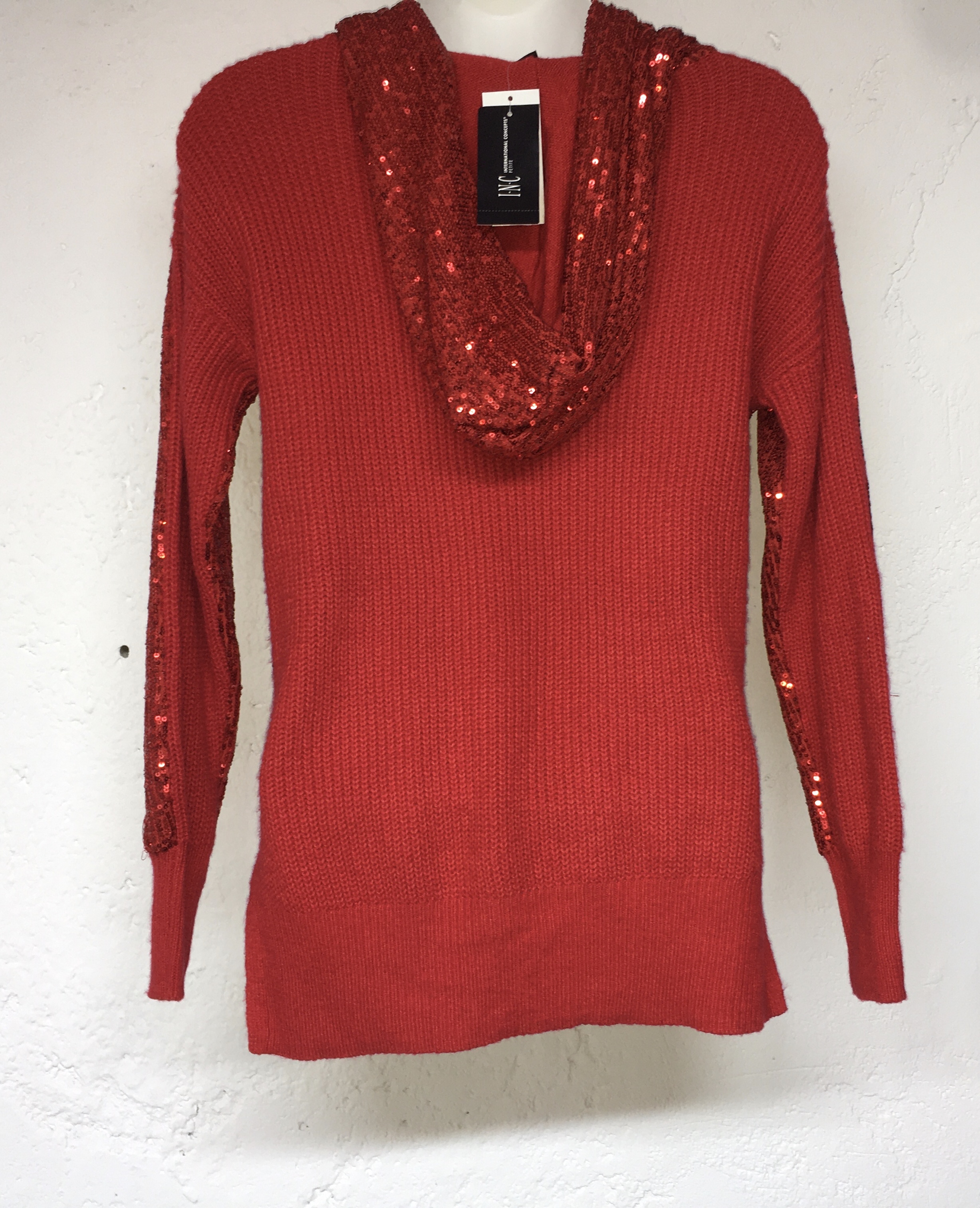 Sudadera talla PS con frente en lentejuela y espalda lisa, color rojo, con lentejuela en la capucha, importada, I-N-C International Concepts..