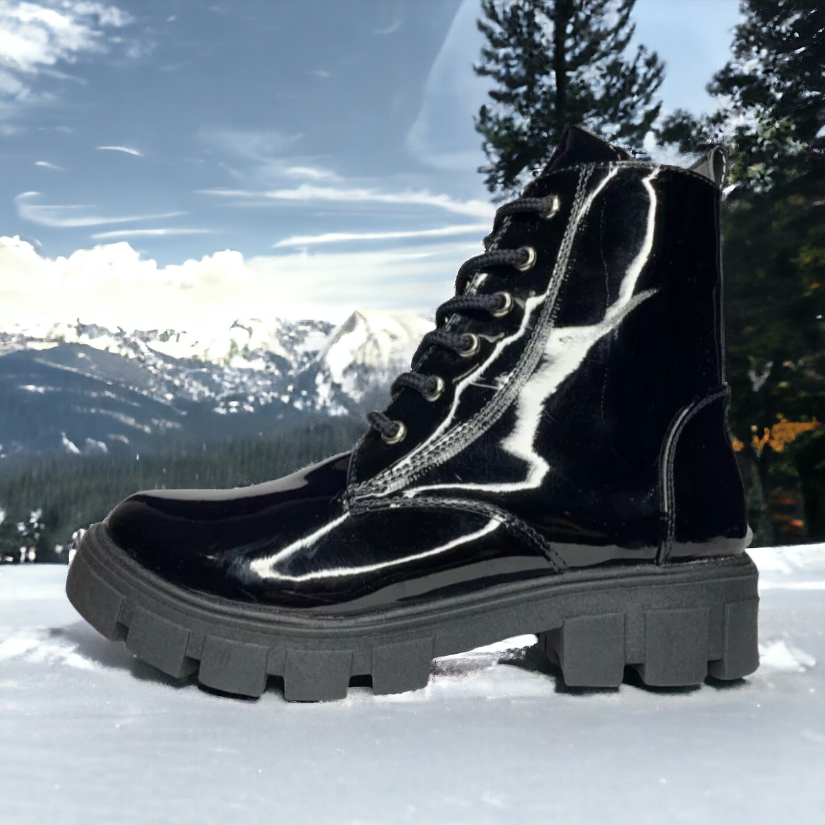 Botas Botín Alta De Mujer Cintas Charol Negras Suela Gruesa LAS CUATAS.