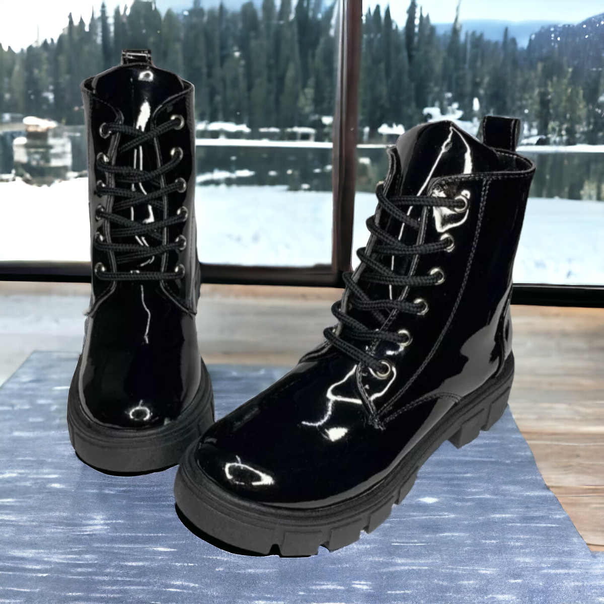 Botas Botín Alta De Mujer Cintas Charol Negras Suela Gruesa LAS CUATAS.