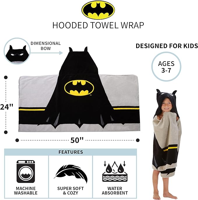 A Franco - Toalla de felpa de algodón suave con capucha para baño y playa para niños, 24 x 50 pulgadas, Batman.